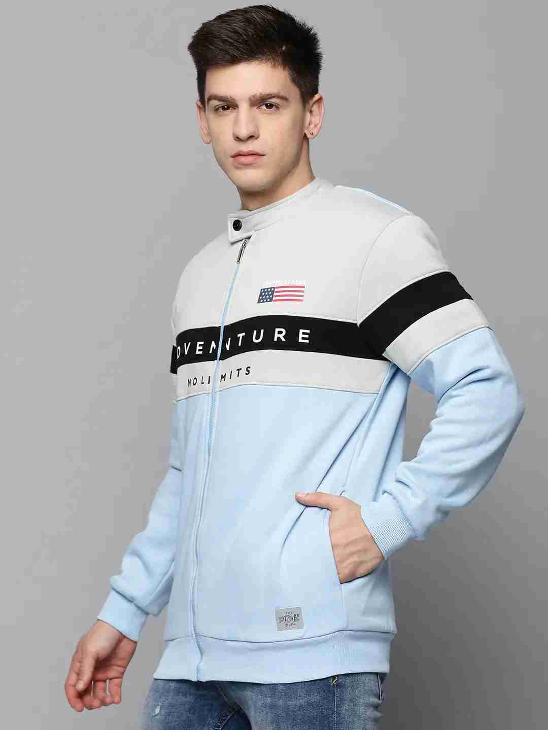 SHOWOFF Men's Mandarin Collar Colourblocked Blue Front-Open Sweatshirt