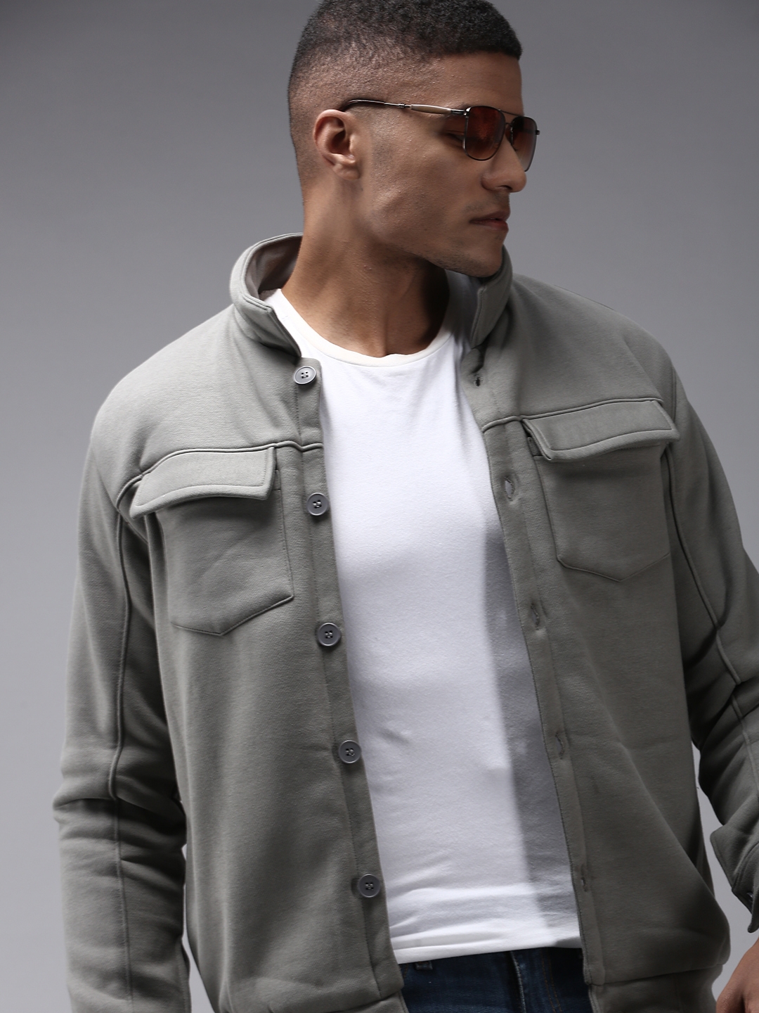 Showoff | SHOWOFF Men Grey Solid Shirt Collar Full Sleeves Front-Open Sweatshirt