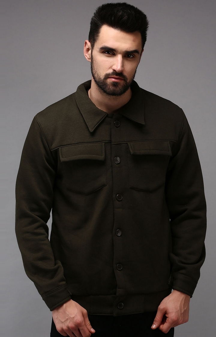 Showoff | SHOWOFF Men Olive Solid Shirt Collar Full Sleeves Front-Open Sweatshirt