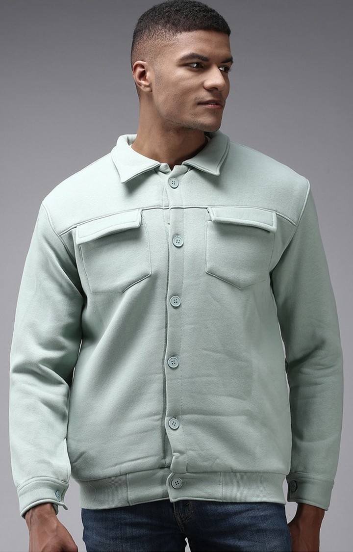 Showoff | SHOWOFF Men Sea Green Solid Shirt Collar Full Sleeves Front-Open Sweatshirt
