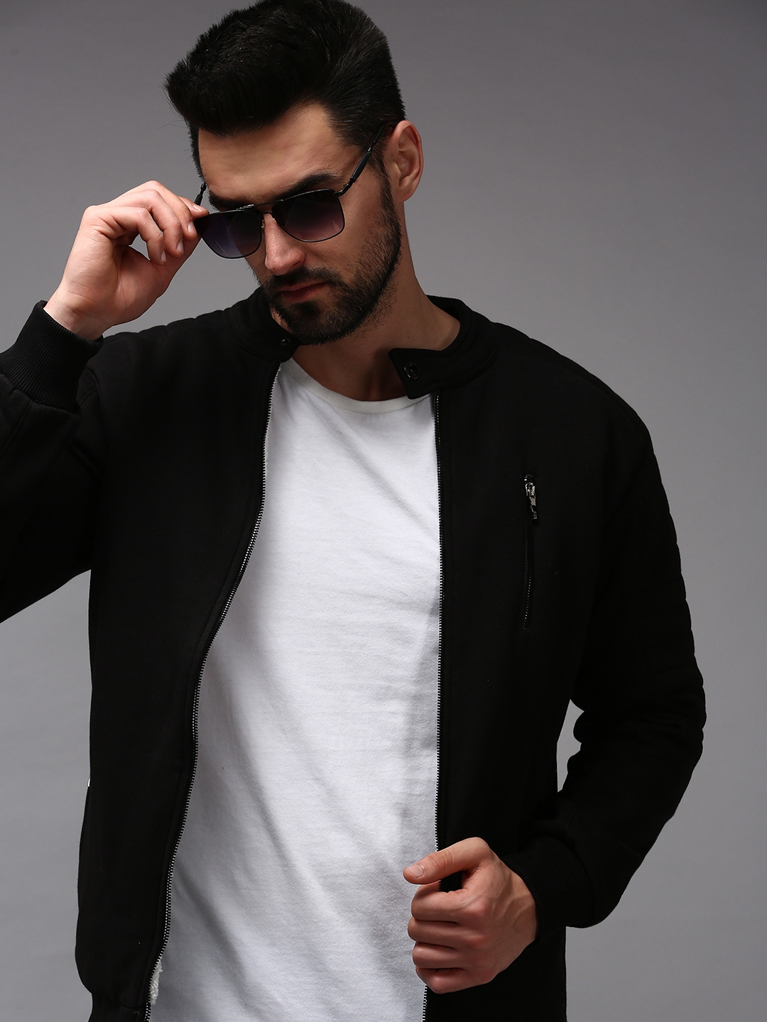 SHOWOFF Men's Mandarin Collar Black Solid Sweatshirt
