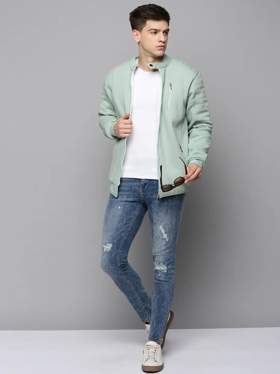 SHOWOFF Men's Mandarin Collar Solid Sea Green Front-Open Sweatshirt