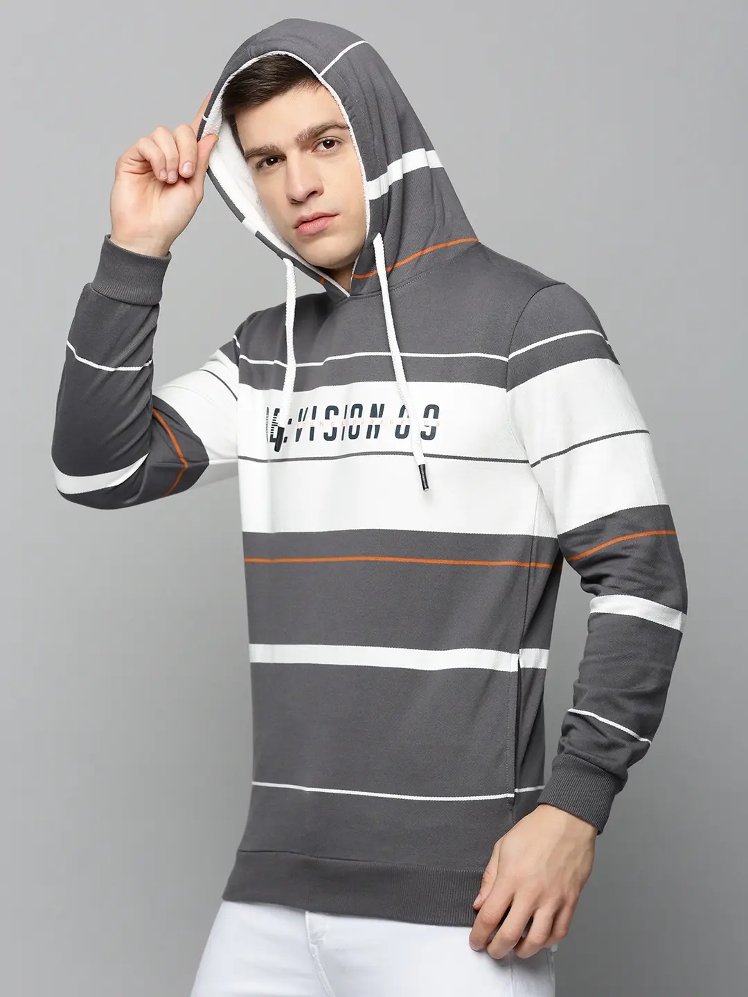 SHOWOFF Men's Hooded Striped Grey Pullover Sweatshirt