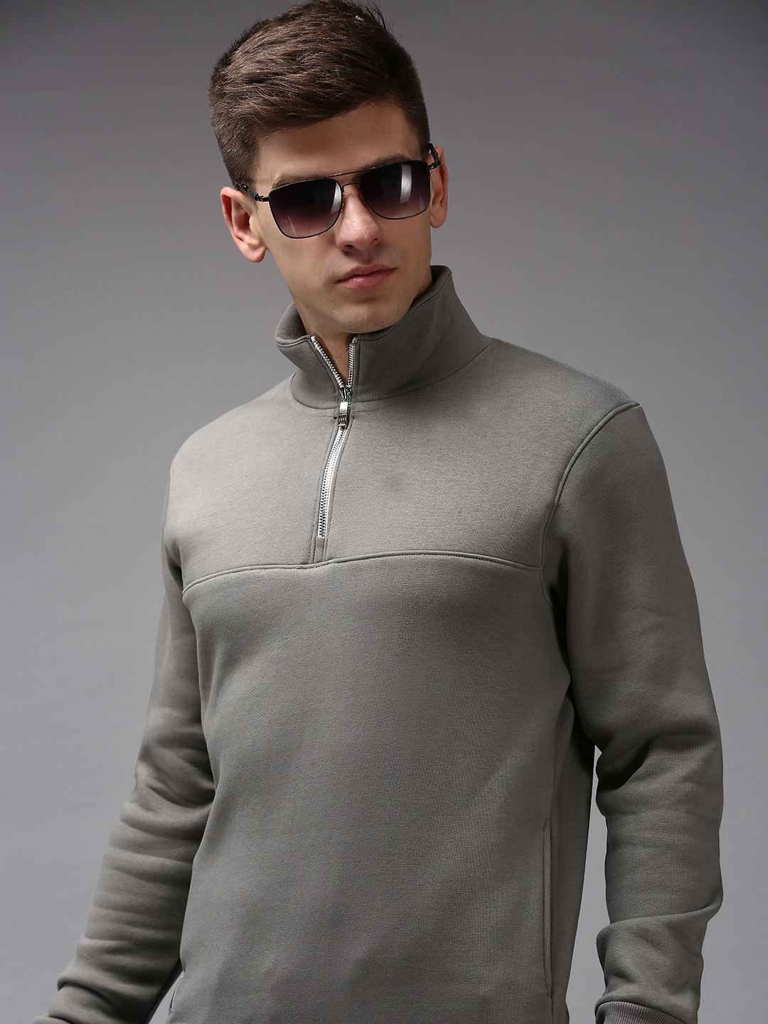 SHOWOFF Men's High Neck Grey Solid Sweatshirt