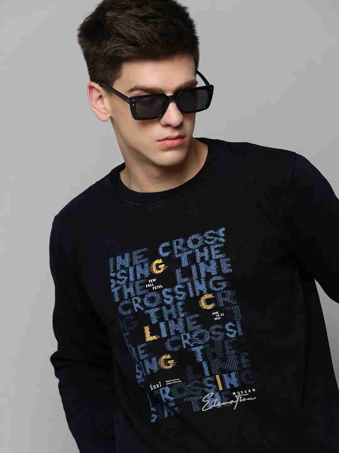 SHOWOFF Men's Round Neck Printed Navy Blue Pullover Sweatshirt