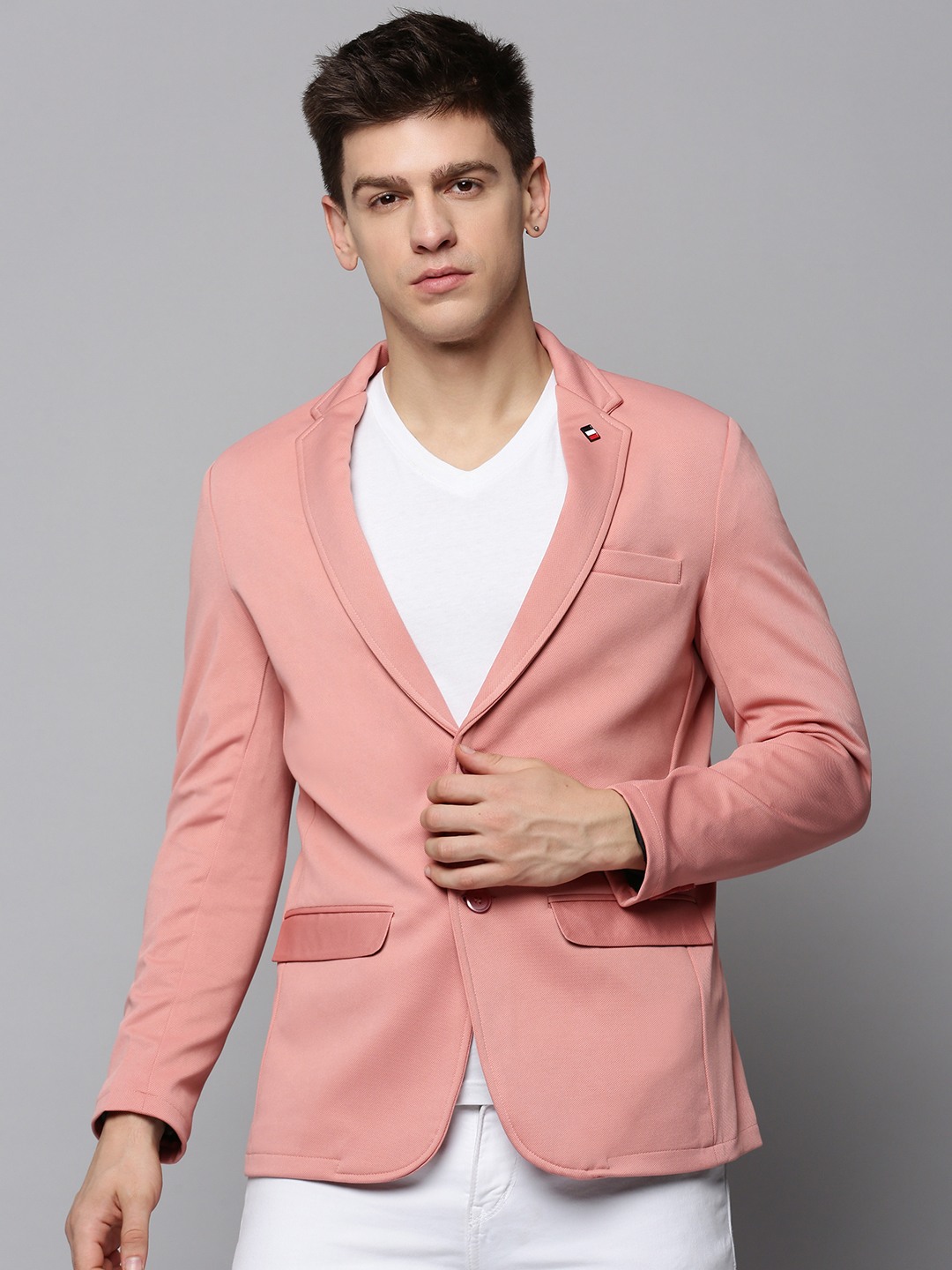 SHOWOFF Men's Notched Lapel Solid Pink Open Front Blazer
