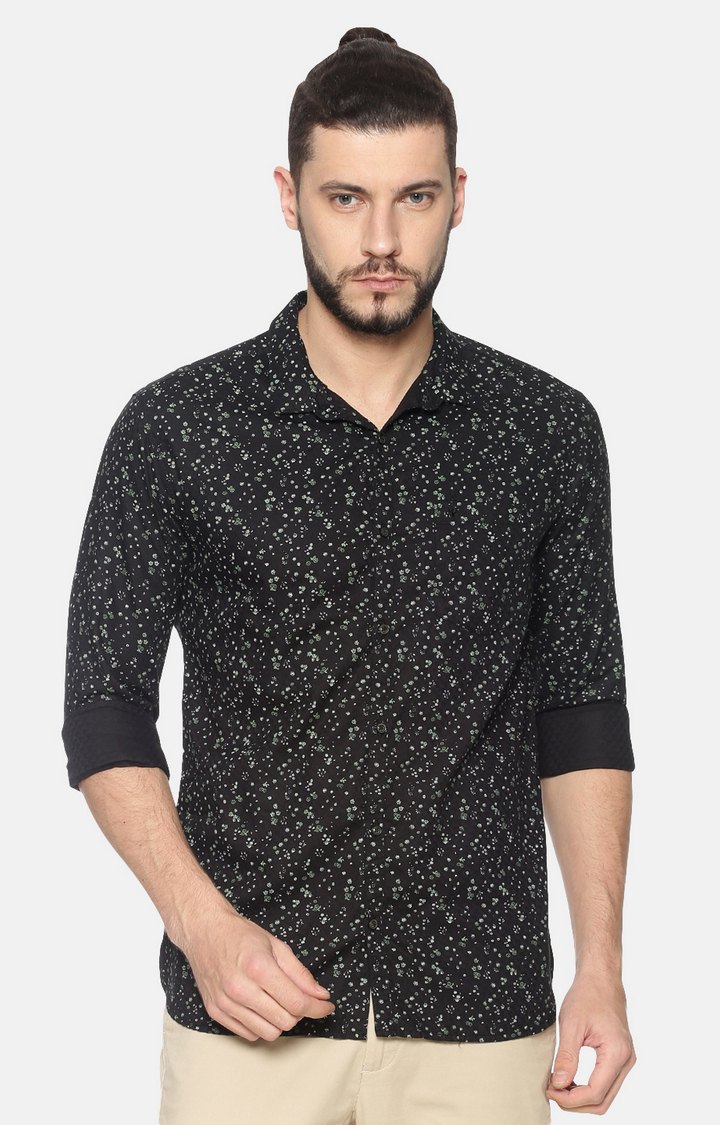 Men's Black Cotton Floral Casual Shirts