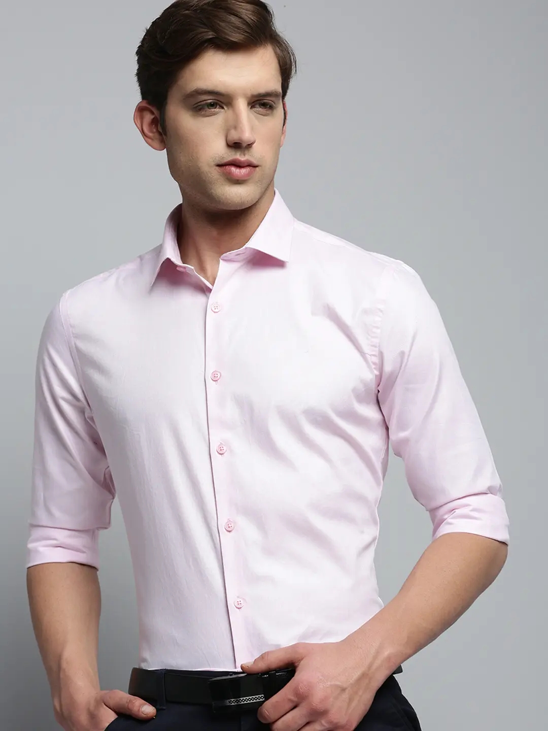 SHOWOFF Men's Spread Collar Self Design Pink Smart Shirt