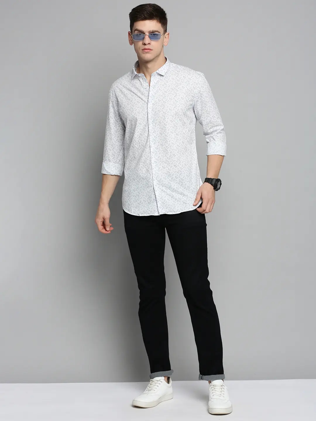 SHOWOFF Men's Spread Collar White Printed Shirt