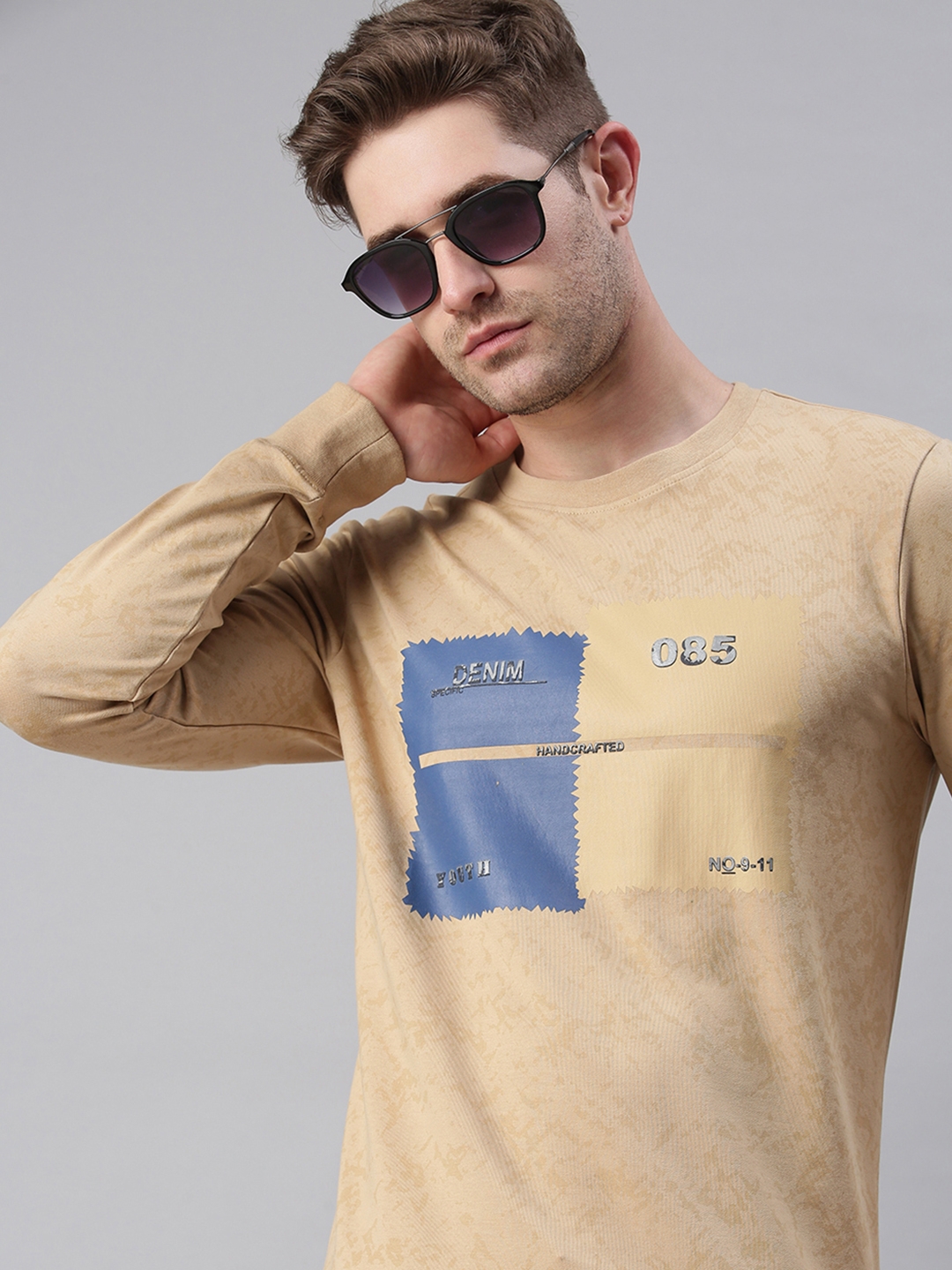 Men's Beige Cotton Blend Printed Sweatshirts