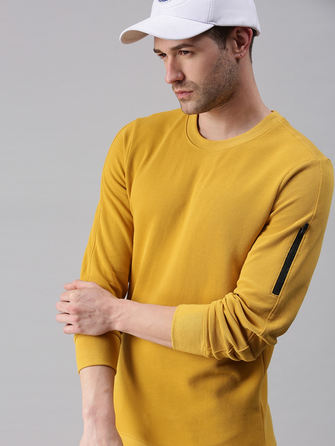 Men's Yellow Cotton Blend Solid Sweatshirts
