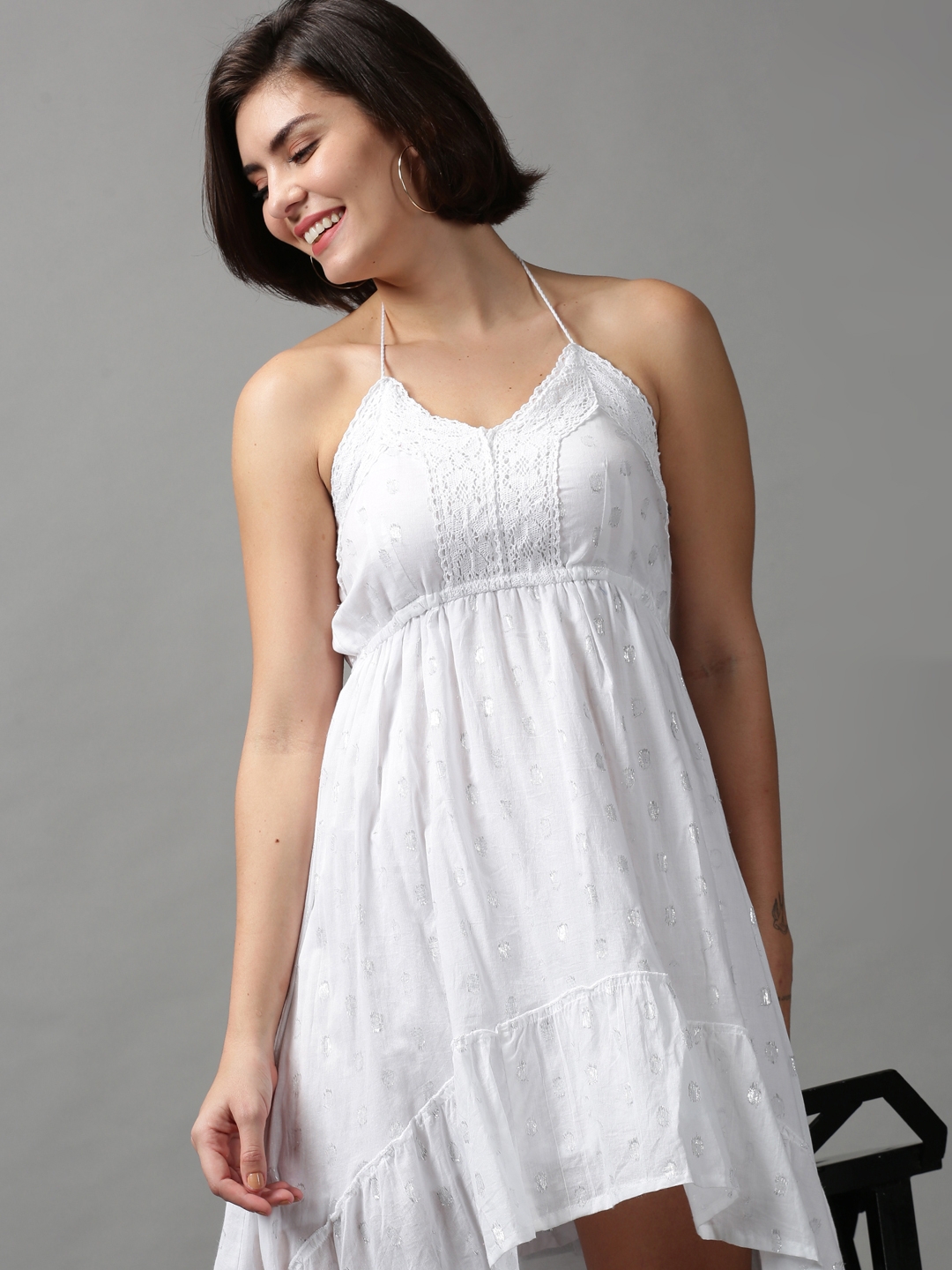 SHOWOFF Women White Self Design Halter Neck Sleeveless Midi Fit and Flare Dress