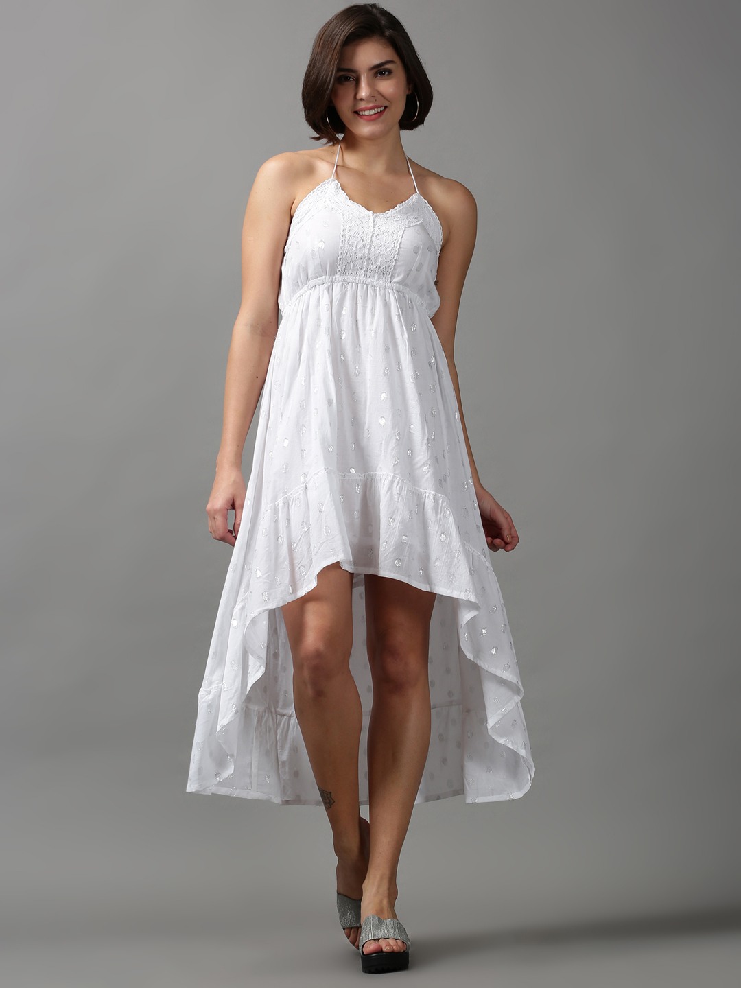 SHOWOFF Women's Halter Neck Self Design White Midi Dress