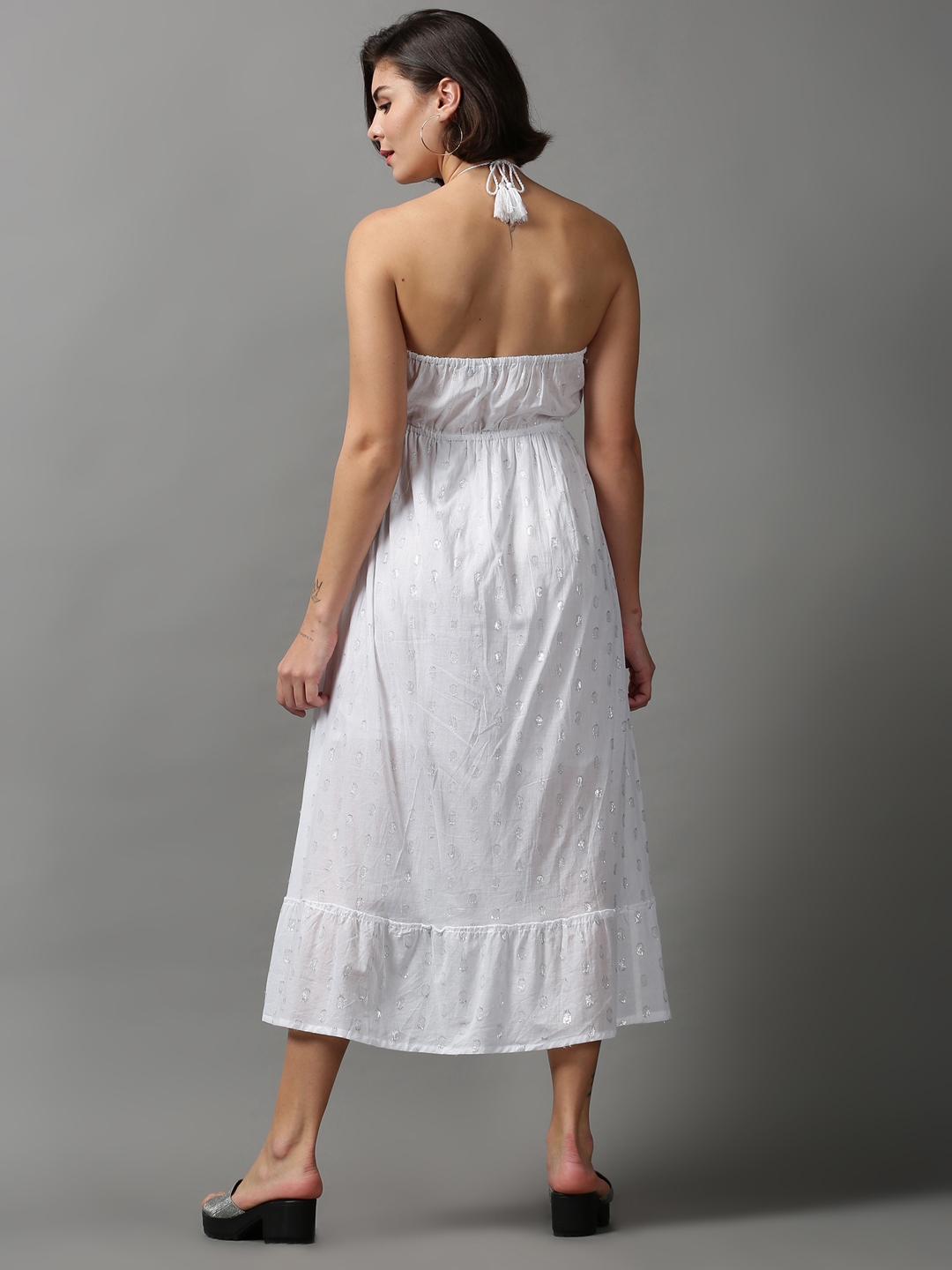 SHOWOFF Women's Halter Neck Self Design White Midi Dress