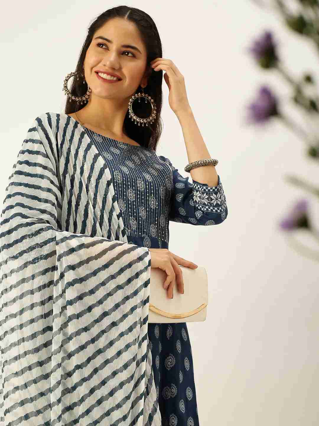 SHOWOFF Women Blue Printed Round Neck Three-Quarter Sleeves Mid Length A-Line Kurta Set