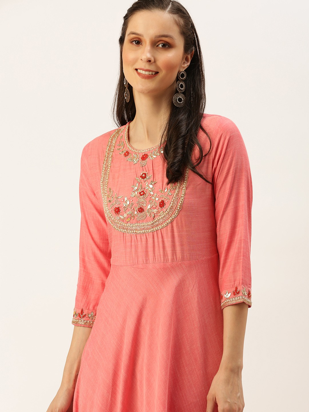 SHOWOFF Women Peach Solid Round Neck Three-Quarter Sleeves Ankle Length A-Line Kurta