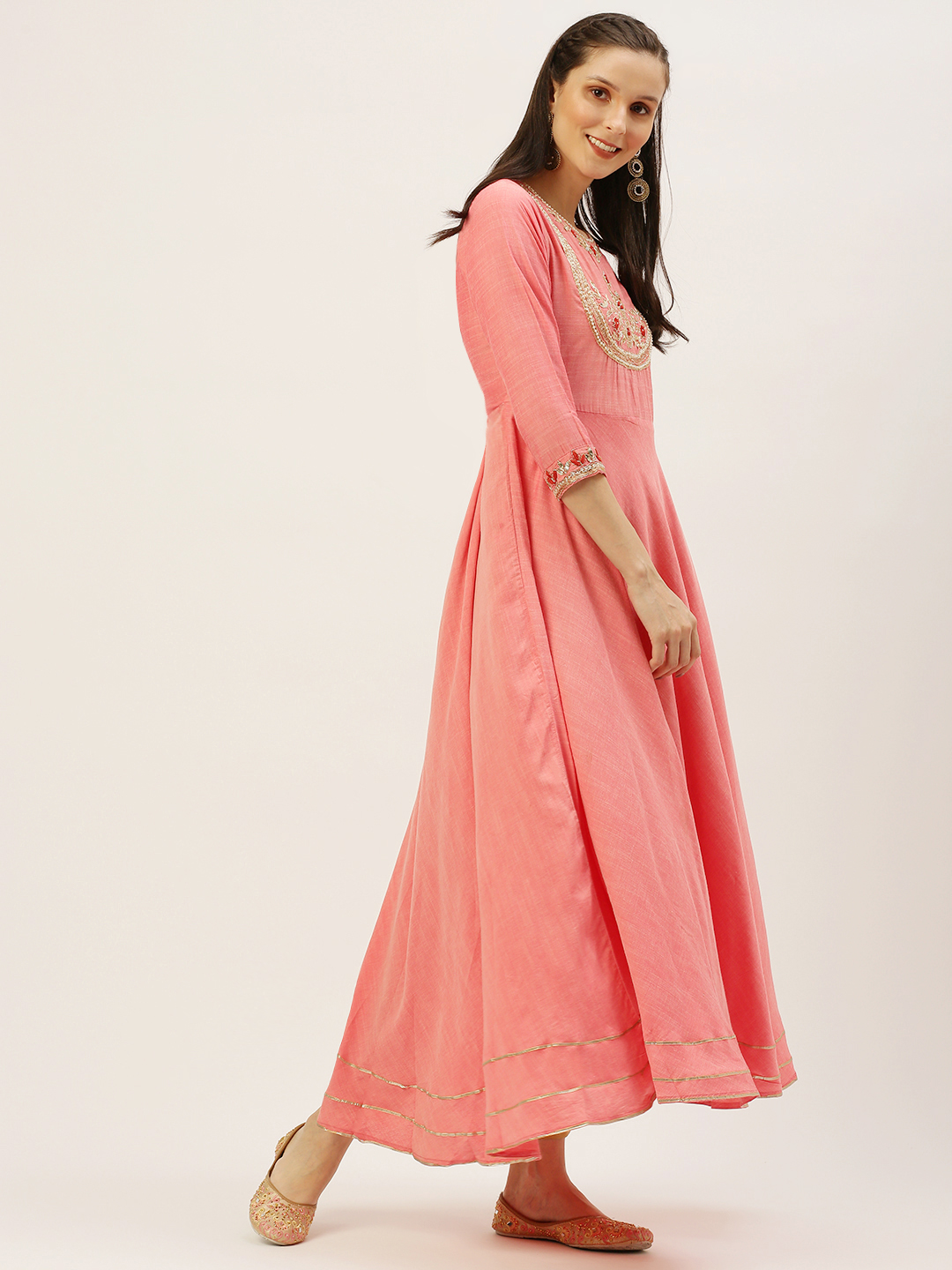 Women's Pink Cotton Embellished Comfort Fit Kurtas