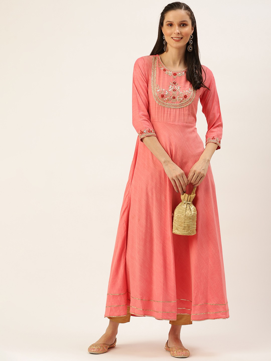 Women's Pink Cotton Embellished Comfort Fit Kurtas