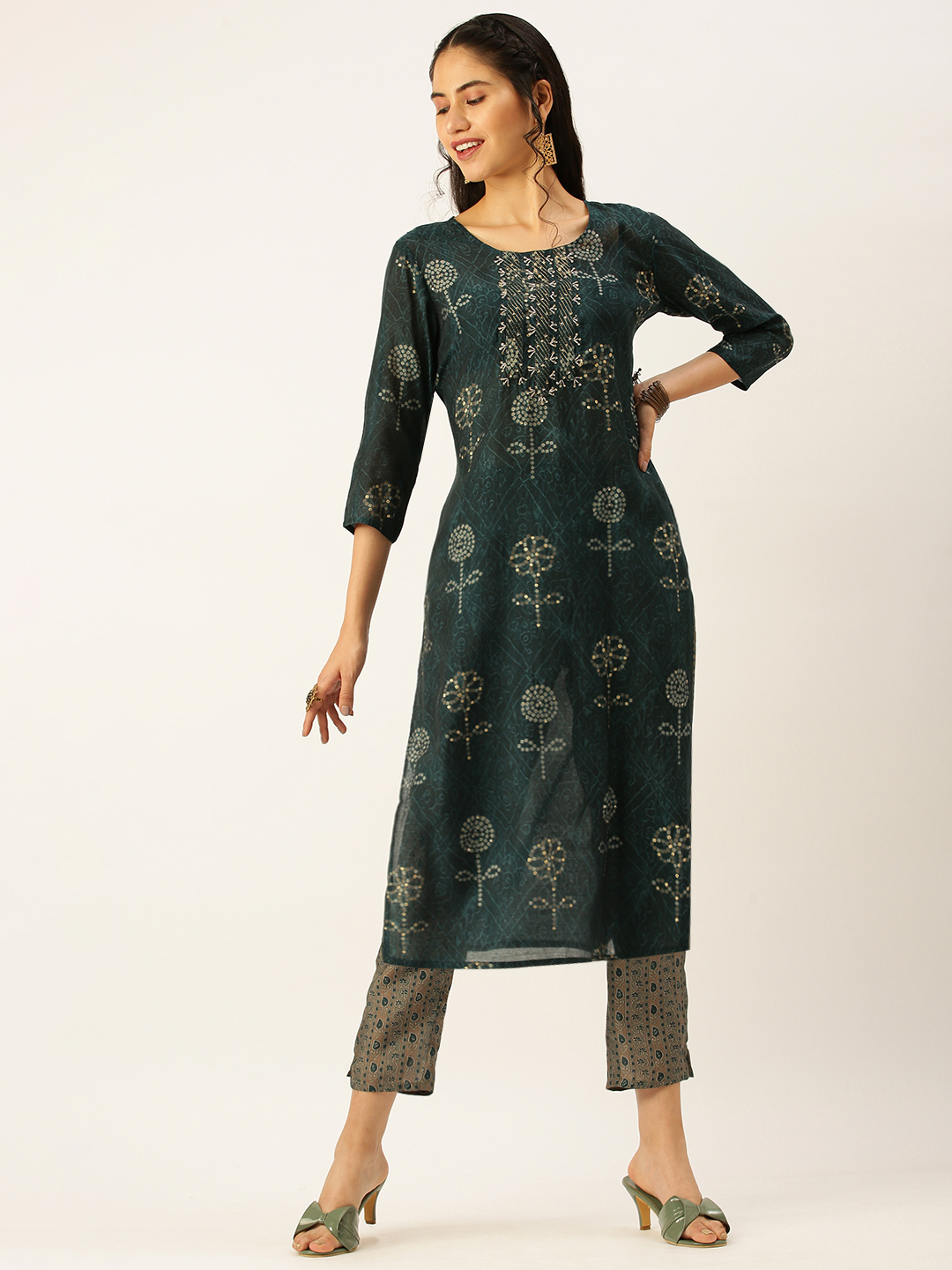 Women's Blue Cotton Blend Printed Comfort Fit Kurta Sets