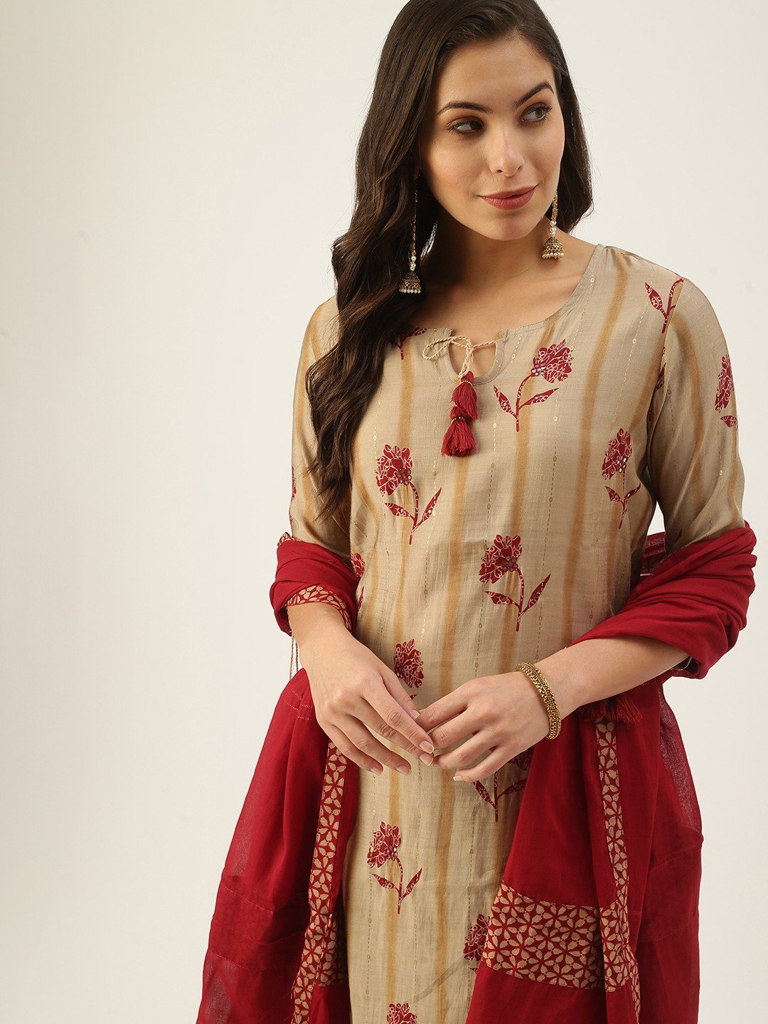 SHOWOFF Women Beige Printed Tie-Up Neck Three-Quarter Sleeves Mid Length Straight Kurta Set