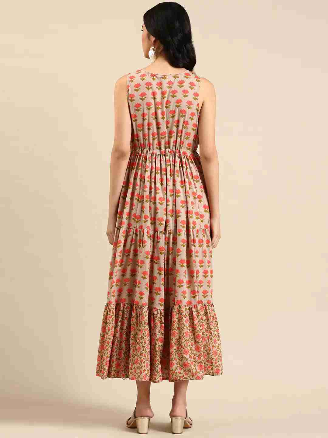 SHOWOFF Women Beige Floral Round Neck Sleeveless Ankle Length Anarkali Kurta