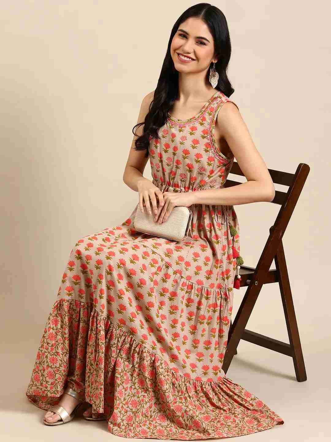 SHOWOFF Women Beige Floral Round Neck Sleeveless Ankle Length Anarkali Kurta