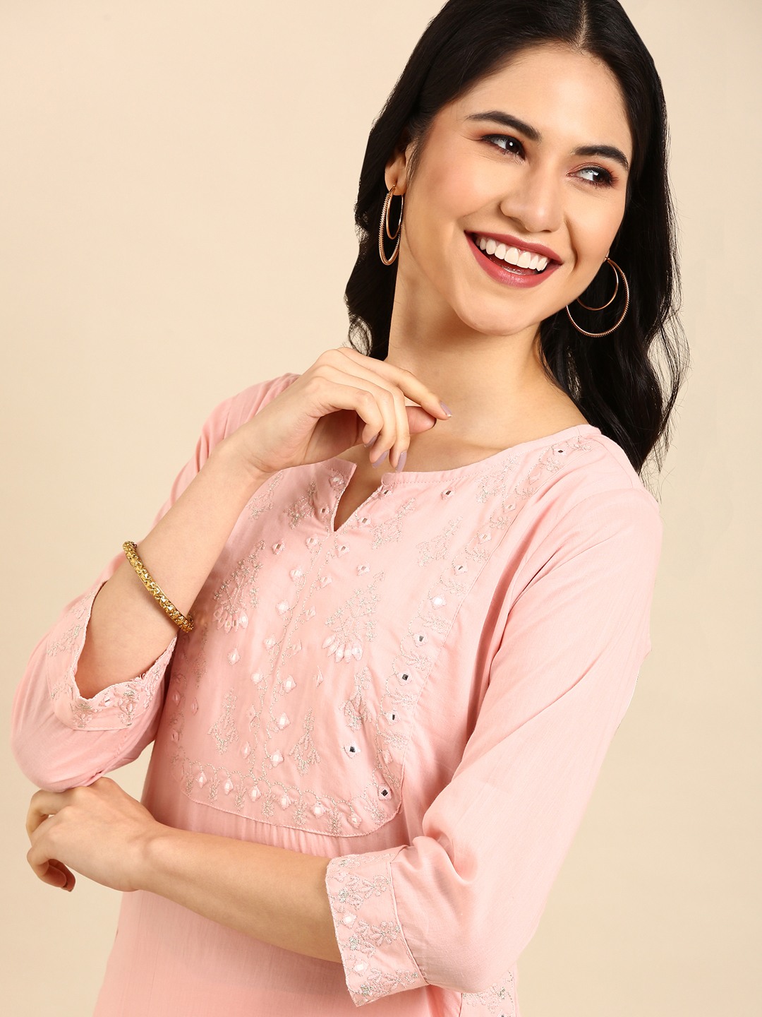 SHOWOFF Women's Calf Length Solid Peach Straight Kurta Sets