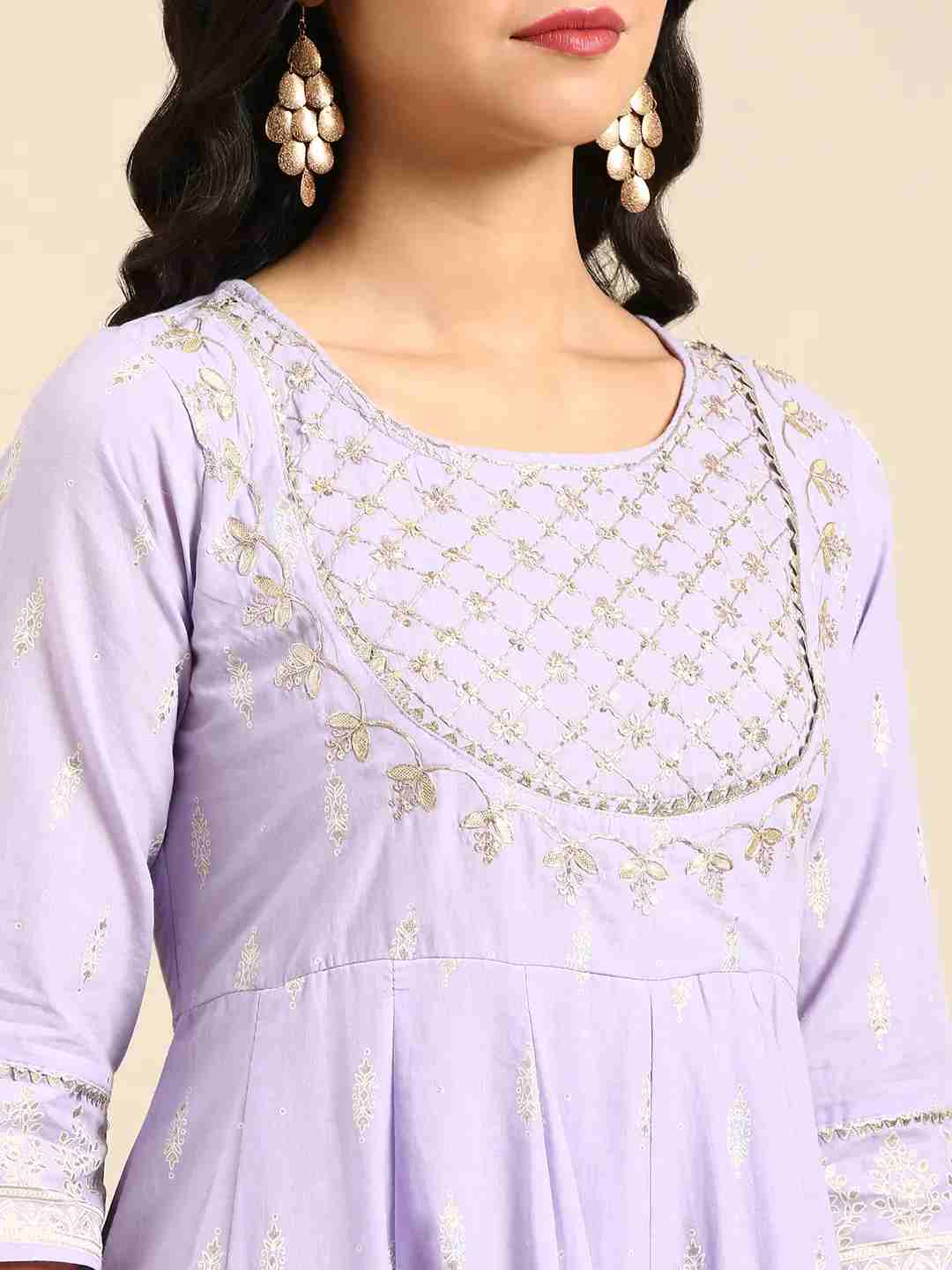 Women's Purple Chanderi Printed Comfort Fit Kurtas