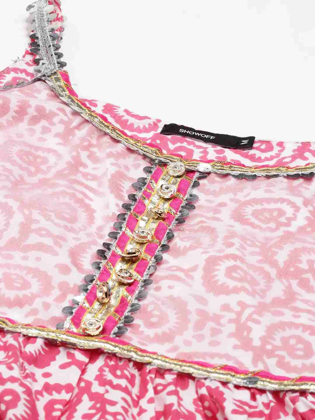 SHOWOFF Women's Floor Length Anarkali Pink Tribal Shoulder Straps Kurta Set