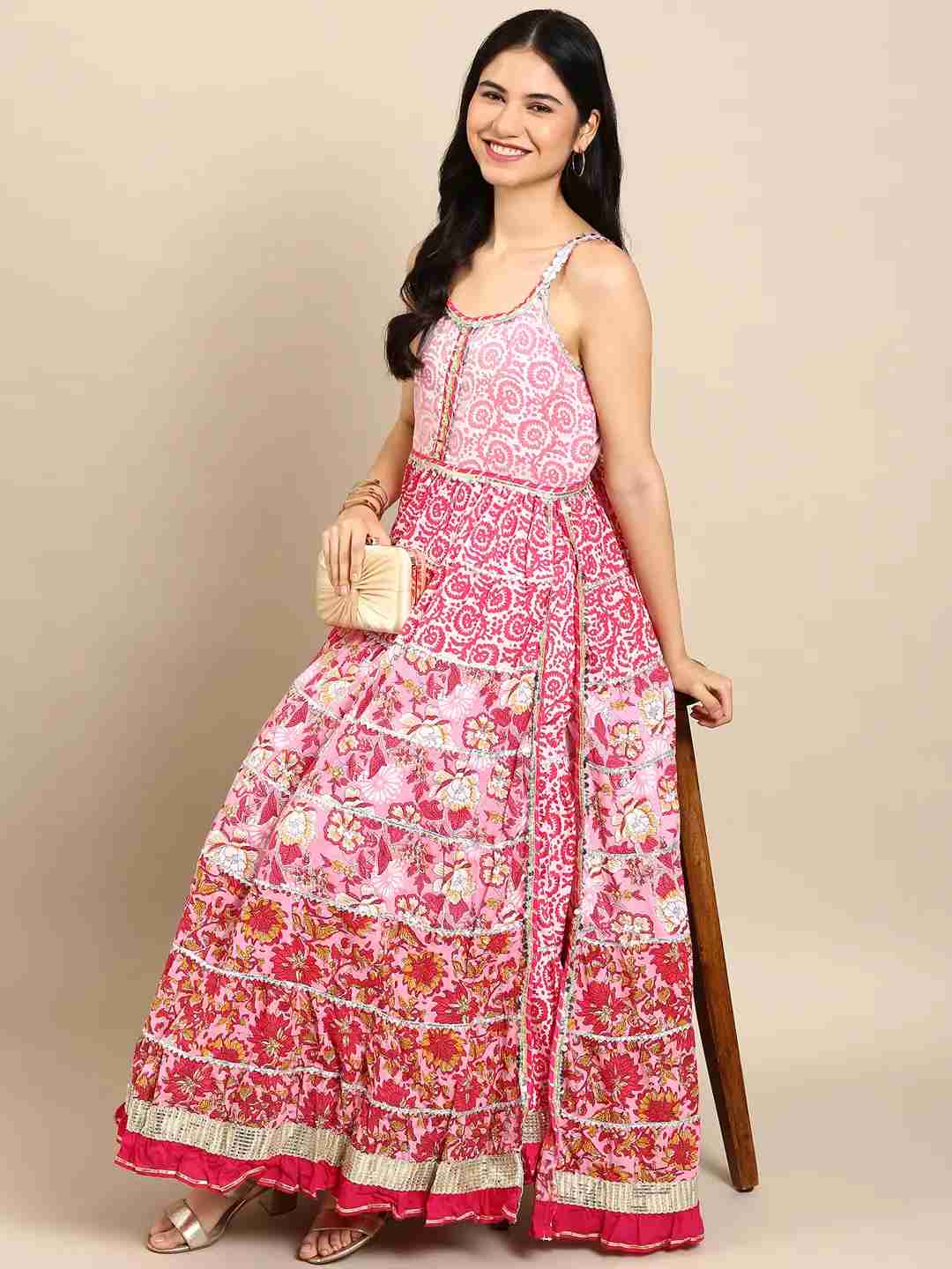 SHOWOFF Women's Floor Length Anarkali Pink Tribal Shoulder Straps Kurta Set