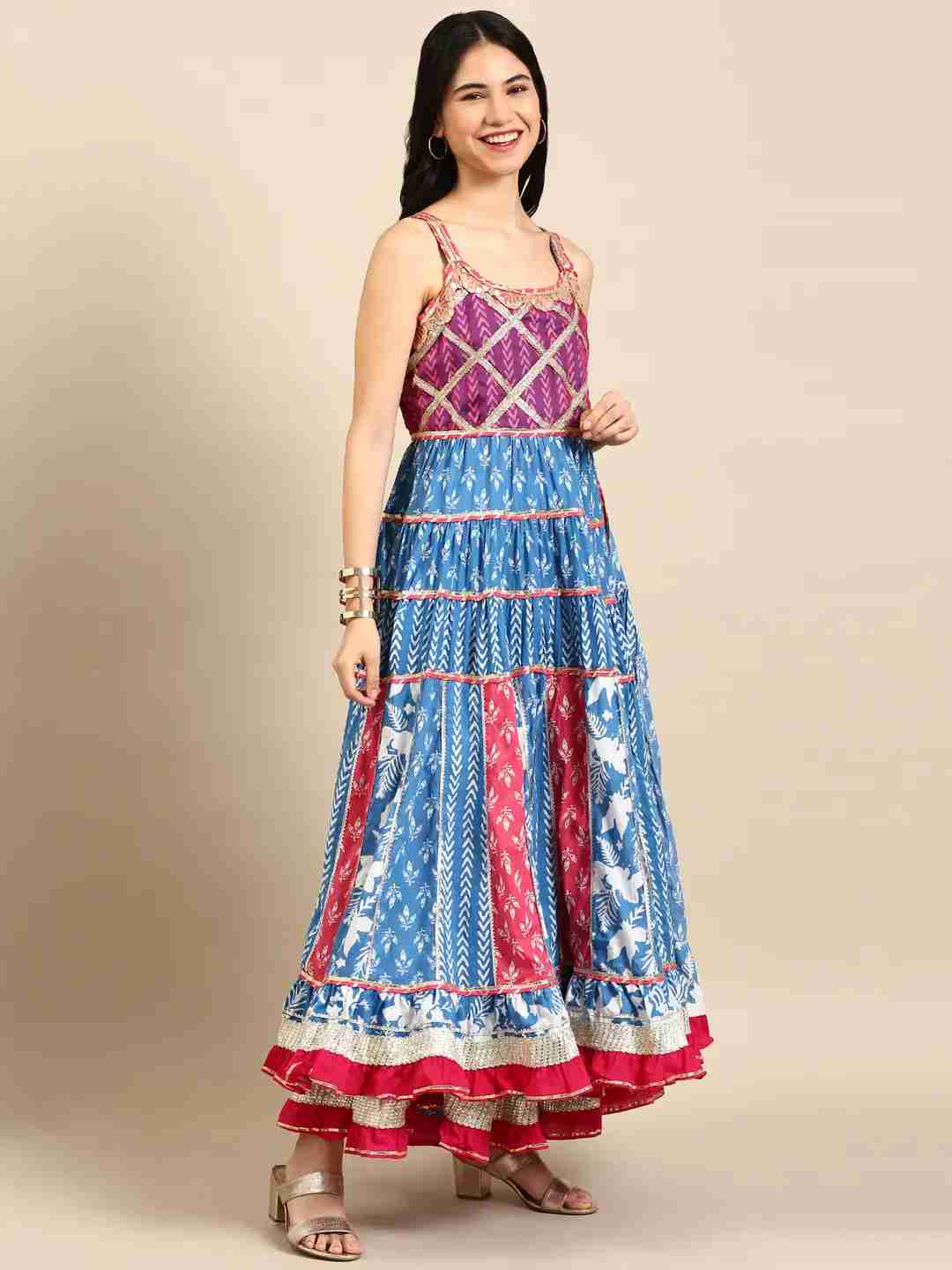 SHOWOFF Women's Floor Length Anarkali Blue Tribal Shoulder Straps Kurta Set