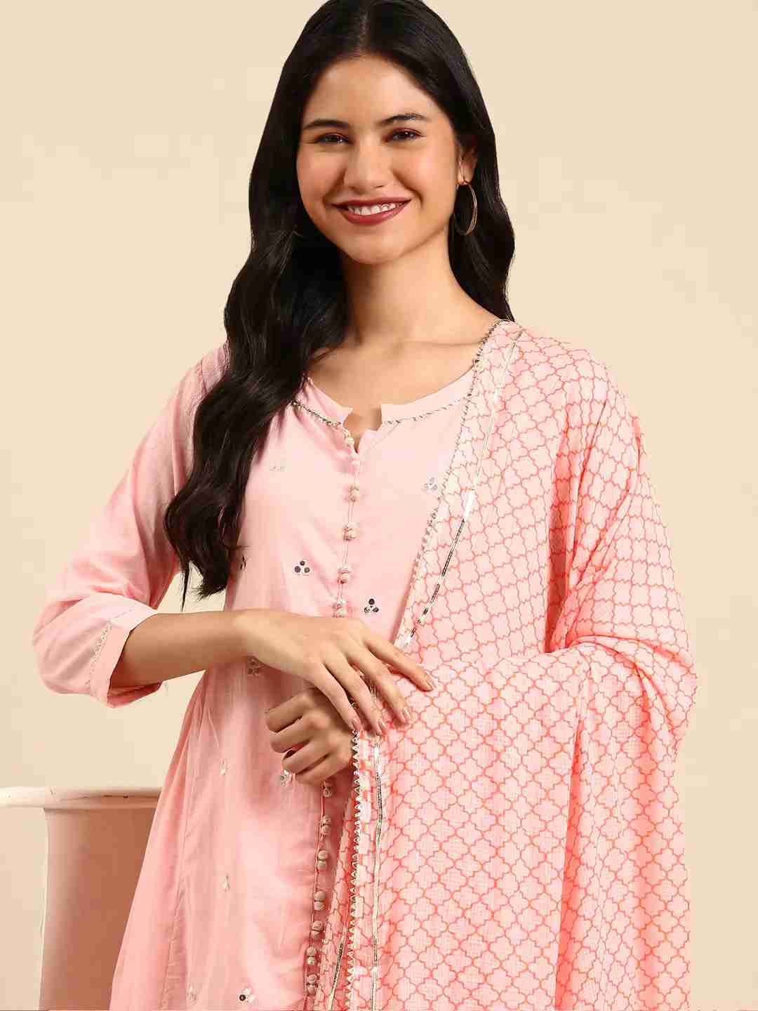 SHOWOFF Women's Scoop Neck Pink Anarkali Kurta Sets