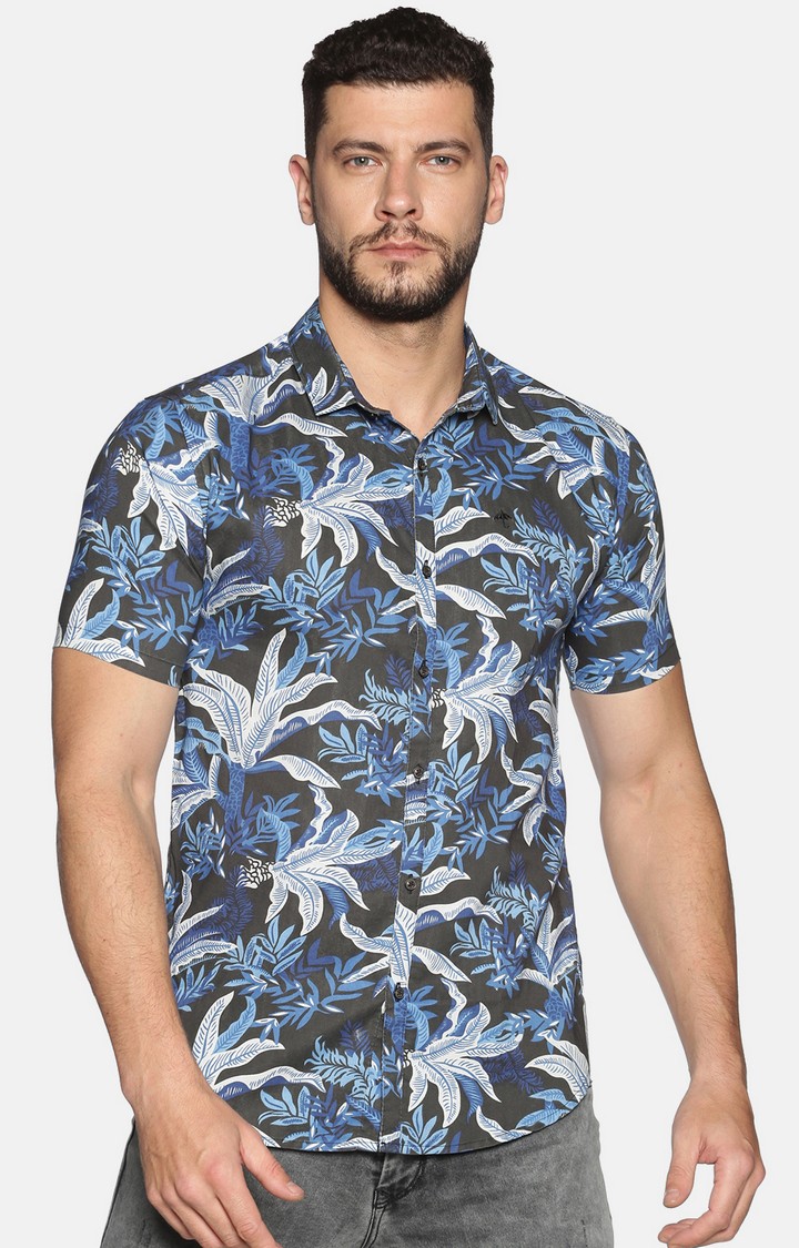 Men's Black Cotton Floral Casual Shirts