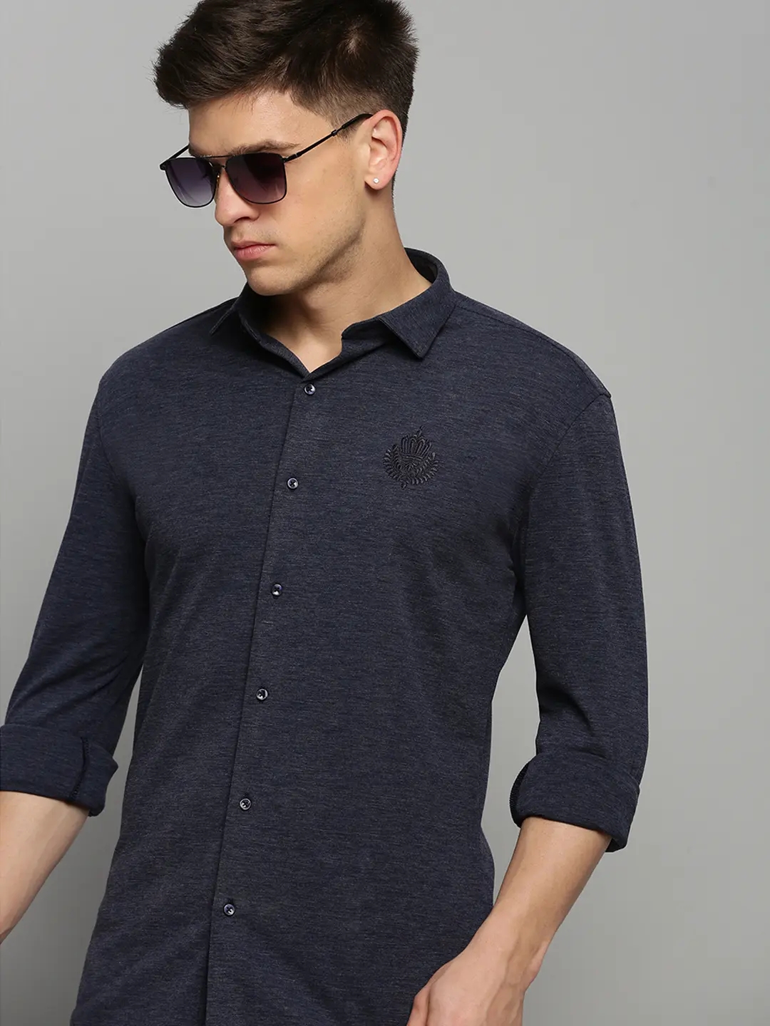SHOWOFF Men's Spread Collar Solid Navy Blue Classic Shirt