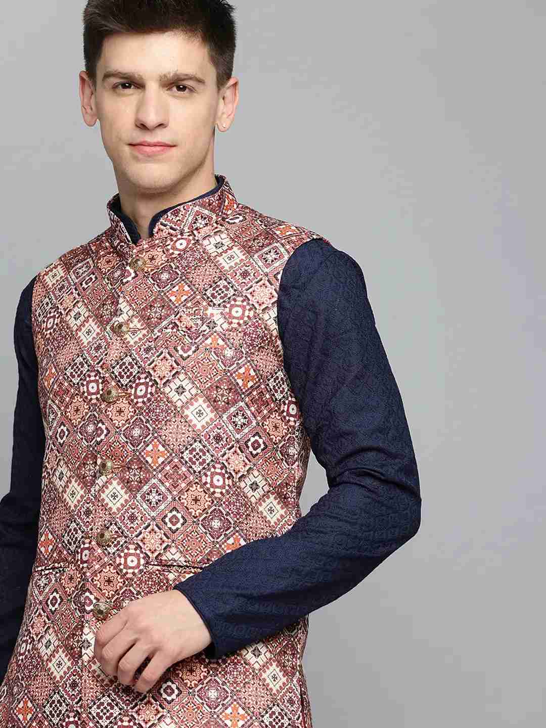 SHOWOFF Men's Printed Brown Nehru Jacket