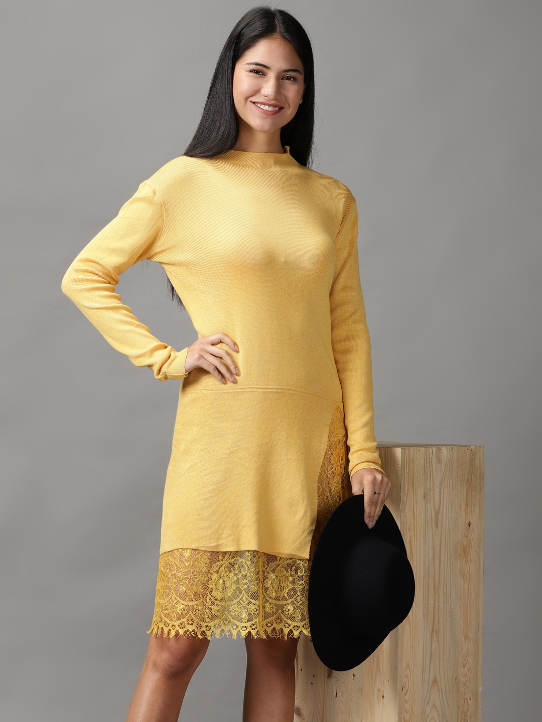 SHOWOFF Women Yellow Solid High Neck Full Sleeves Knee length Bodycon Dress