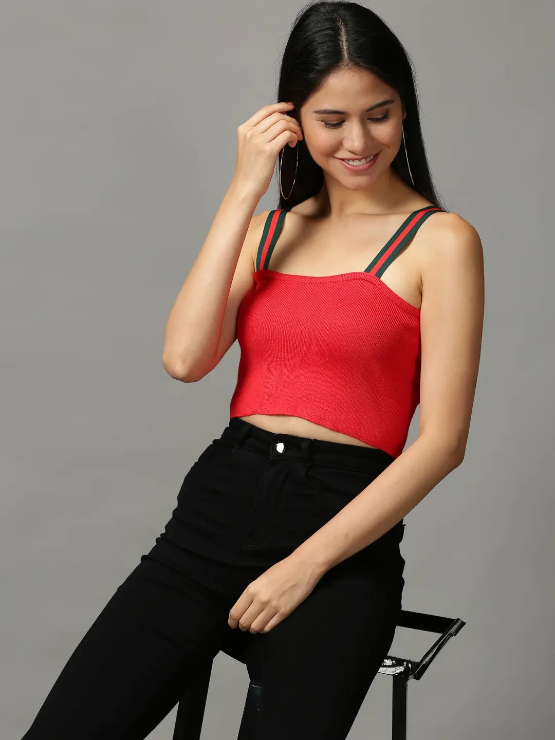 SHOWOFF Women's Shoulder Straps Fitted Solid Red Crop Top