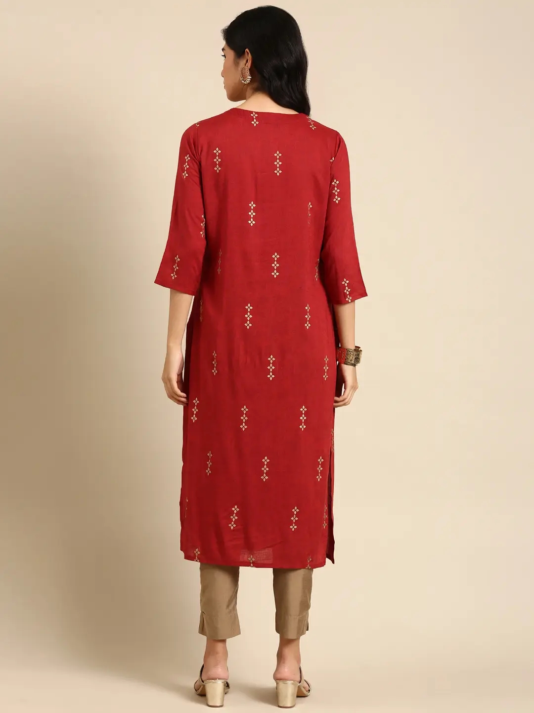 Women's Red Chanderi Printed Comfort Fit Kurtas