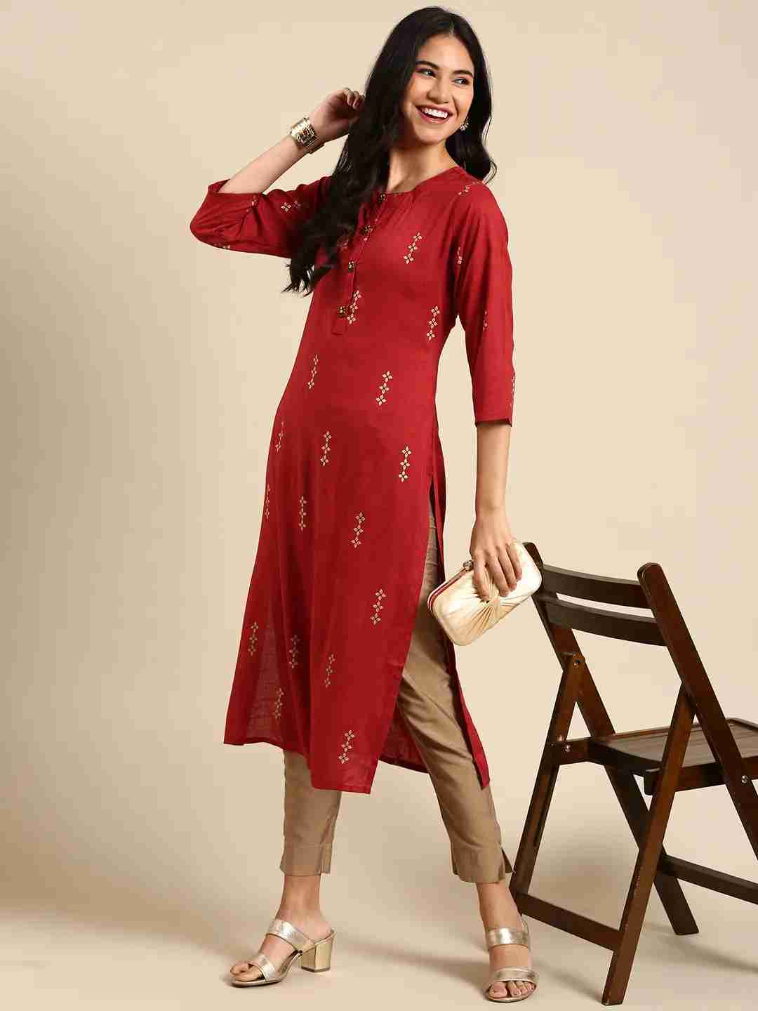 SHOWOFF Women Maroon Ethnic Motifs Round Neck Three-Quarter Sleeves Mid Length Straight Kurta