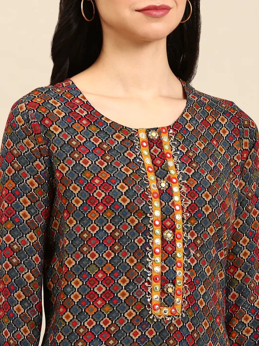 Women's Multicolour Cotton Blend Colourblock Comfort Fit Kurta Sets
