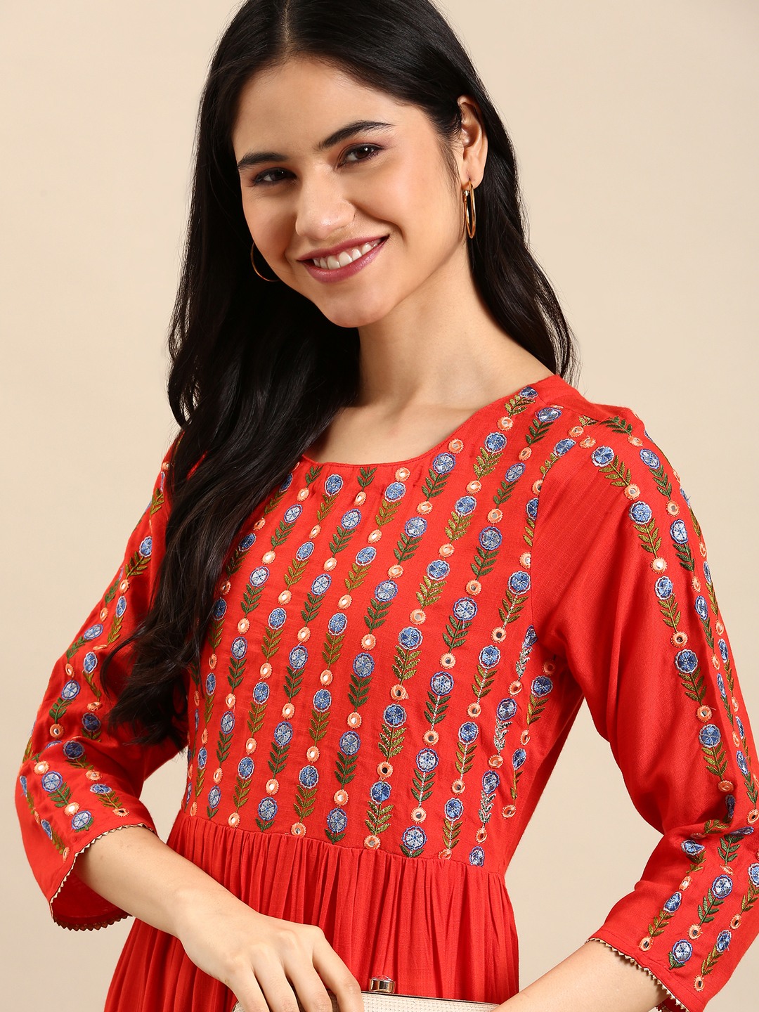 Women's Orange Cotton Embellished Comfort Fit Kurtas