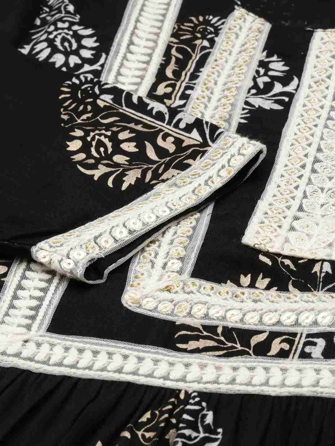 SHOWOFF Women's Calf Length Straight Black Floral Round Neck Kurta Set