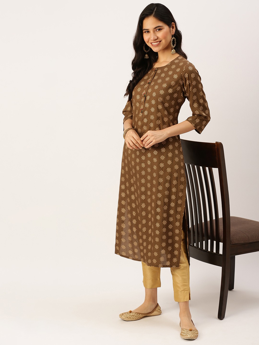Women's Brown Cotton Printed Comfort Fit Kurtas