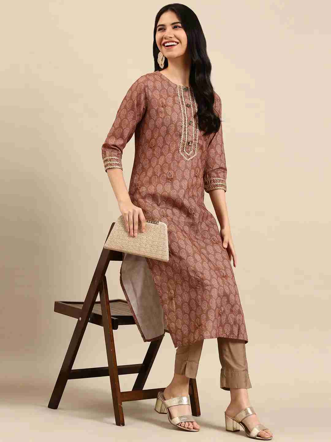 Women's Brown Cotton Printed Comfort Fit Kurtas