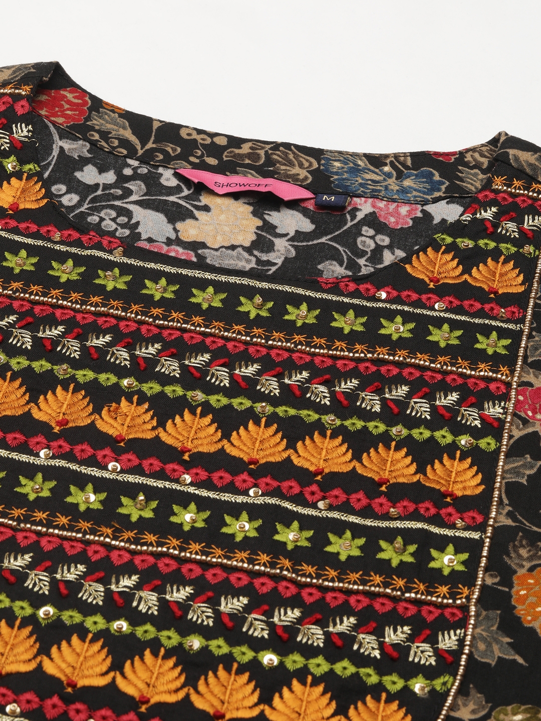 Women's Black Cotton Blend Floral Comfort Fit Kurta Sets