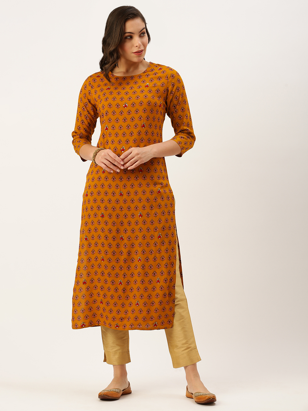 Women's Yellow Cotton Printed Comfort Fit Kurtas