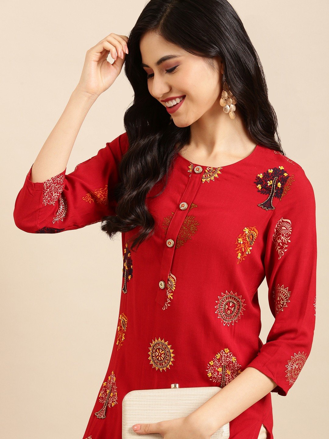 SHOWOFF Women Red Ethnic Motifs Round Neck Three-Quarter Sleeves Mid Length Straight Kurta