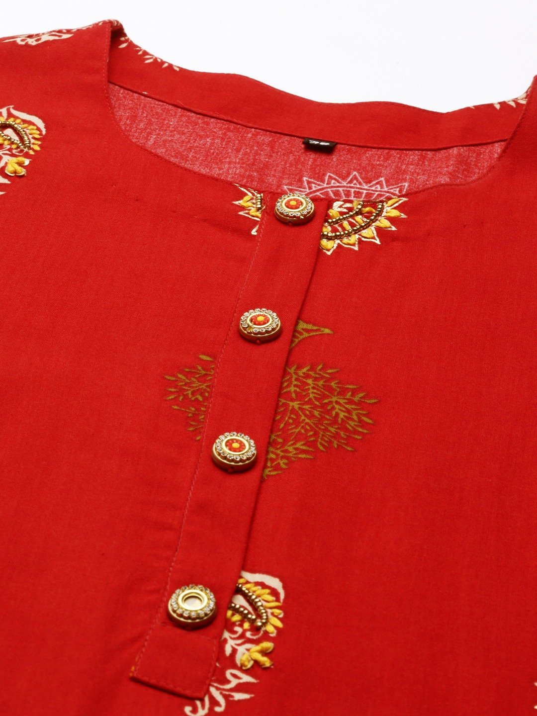Women's Red Cotton Embroidered Comfort Fit Kurtas