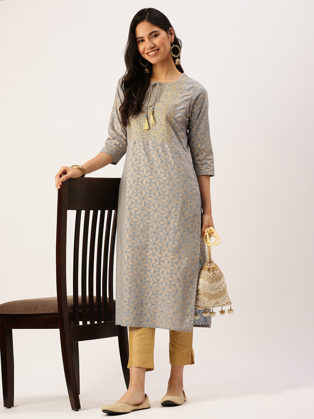 Women's Blue Cotton Printed Comfort Fit Kurtas
