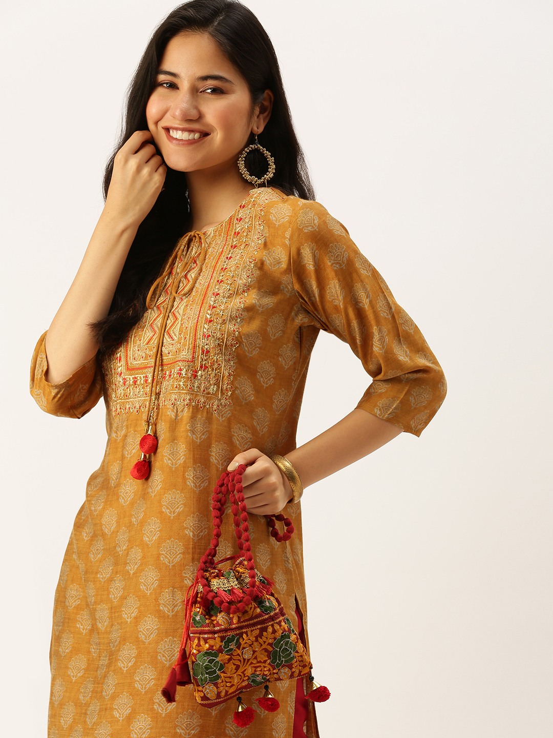 SHOWOFF Women Mustard Ethnic Motifs Keyhole Neck Three-Quarter Sleeves Mid Length Straight Kurta
